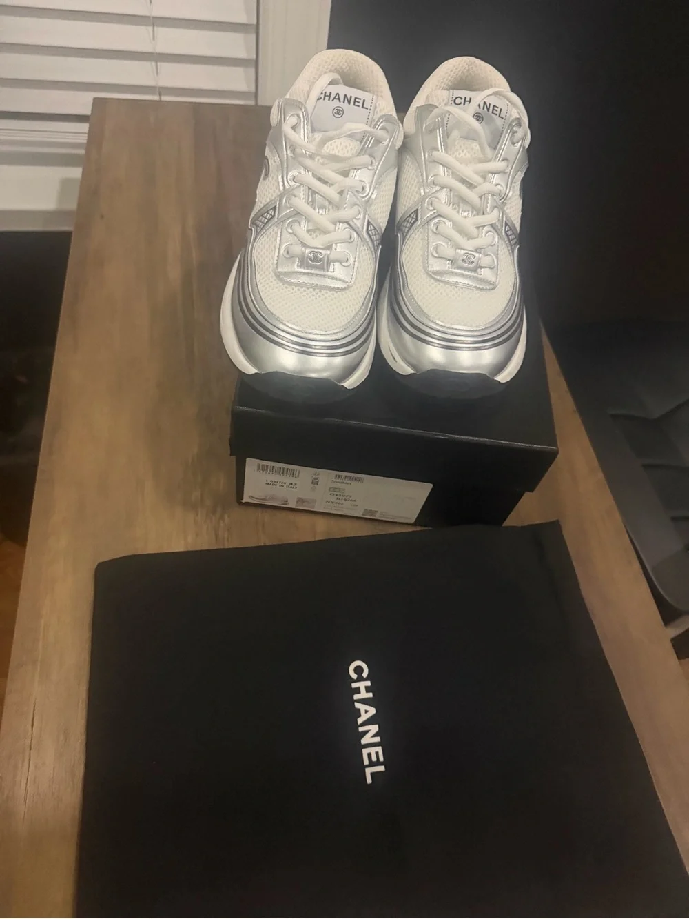 CHANEL Silver & White Logo Runner Sneakers